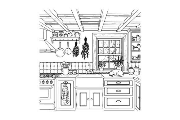 Download Line Art Coloring Page of Cozy Kitchen I - Premium Resources