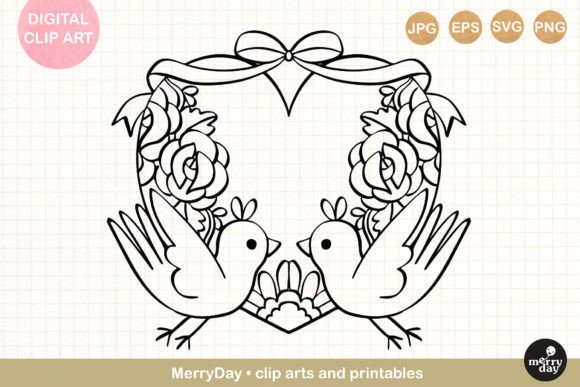 Download Birds with Decorative Heart Line Art - Decorative Collection